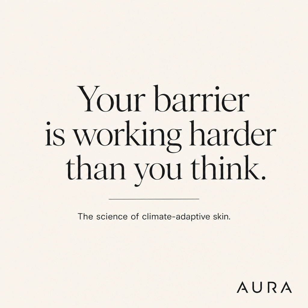 Typographic editorial card: Your barrier is working harder than you think — AURA skincare science