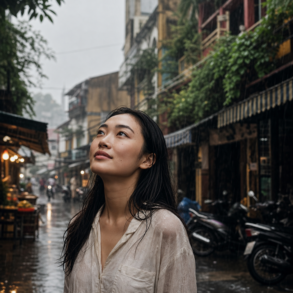 Editorial lifestyle photo of a young East Asian woman in a rainy Southeast Asian street environment