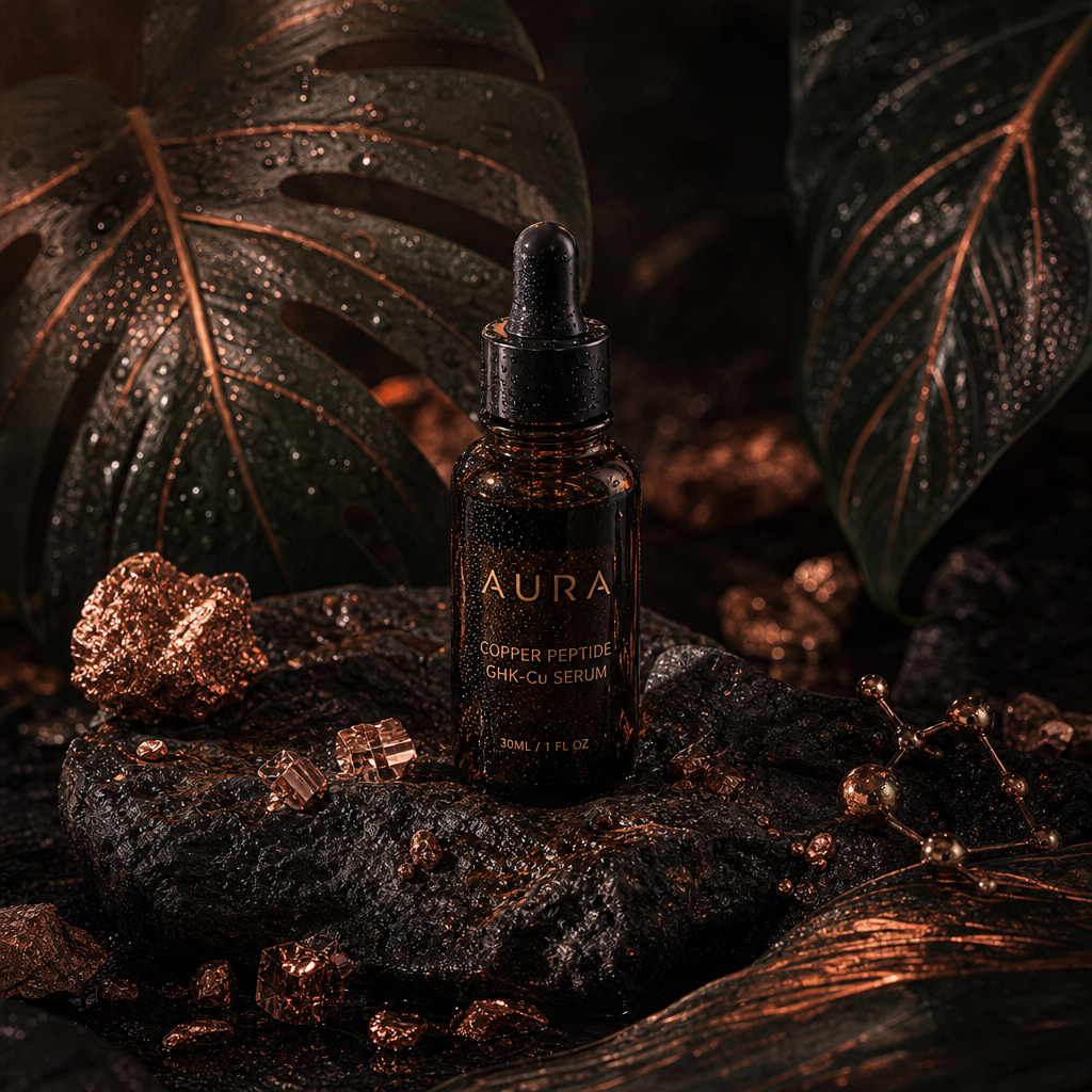 AURA All Round Serum on dark volcanic stone — Copper Tripeptide-1 GHK-Cu ingredient spotlight