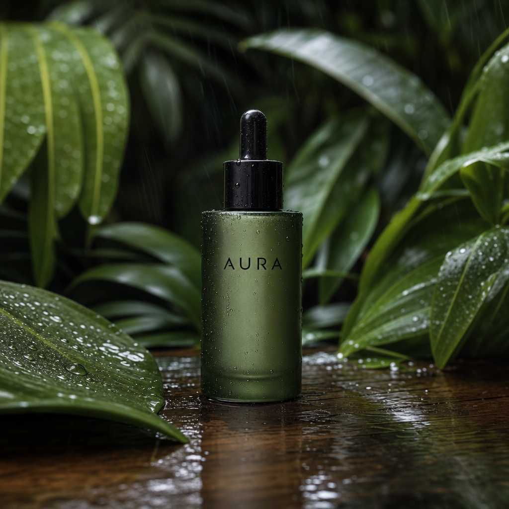 AURA serum bottle on wet teak surface with tropical monsoon leaves — mid-year wet season skincare audit