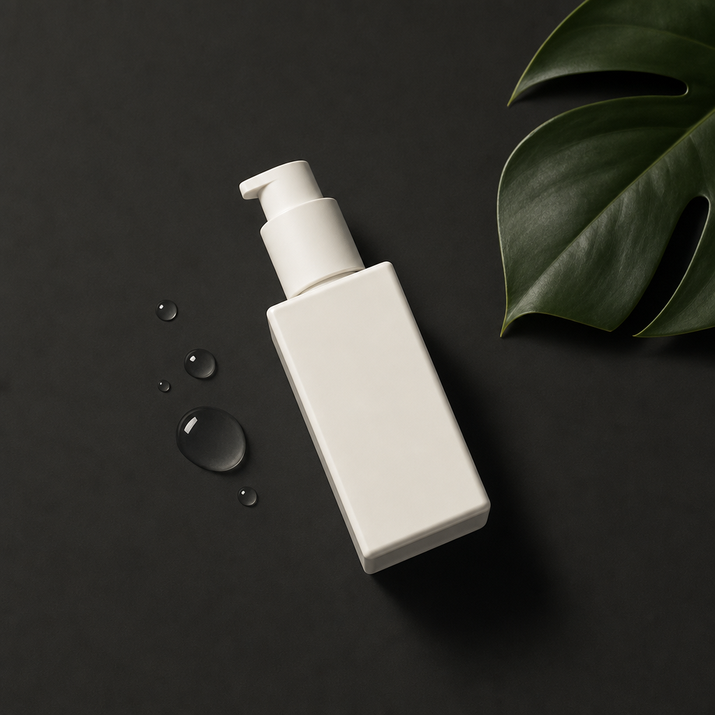 AURA All Round Serum bottle on dark editorial surface — Protect, Nourish, Fix skincare framework