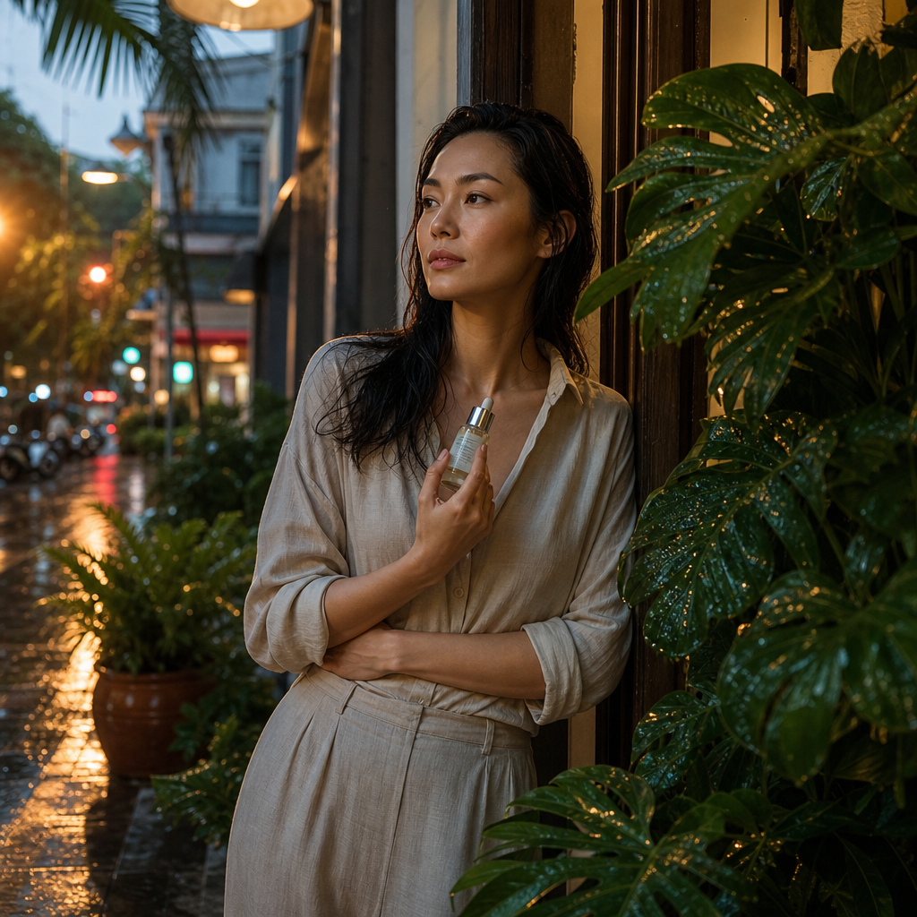 Young East Asian woman at a tropical building entrance — 24 hours in Southeast Asian skin round-the-clock skincare