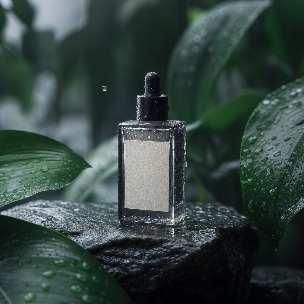 Skincare serum bottle on wet stone surface in monsoon — AURA barrier repair guide