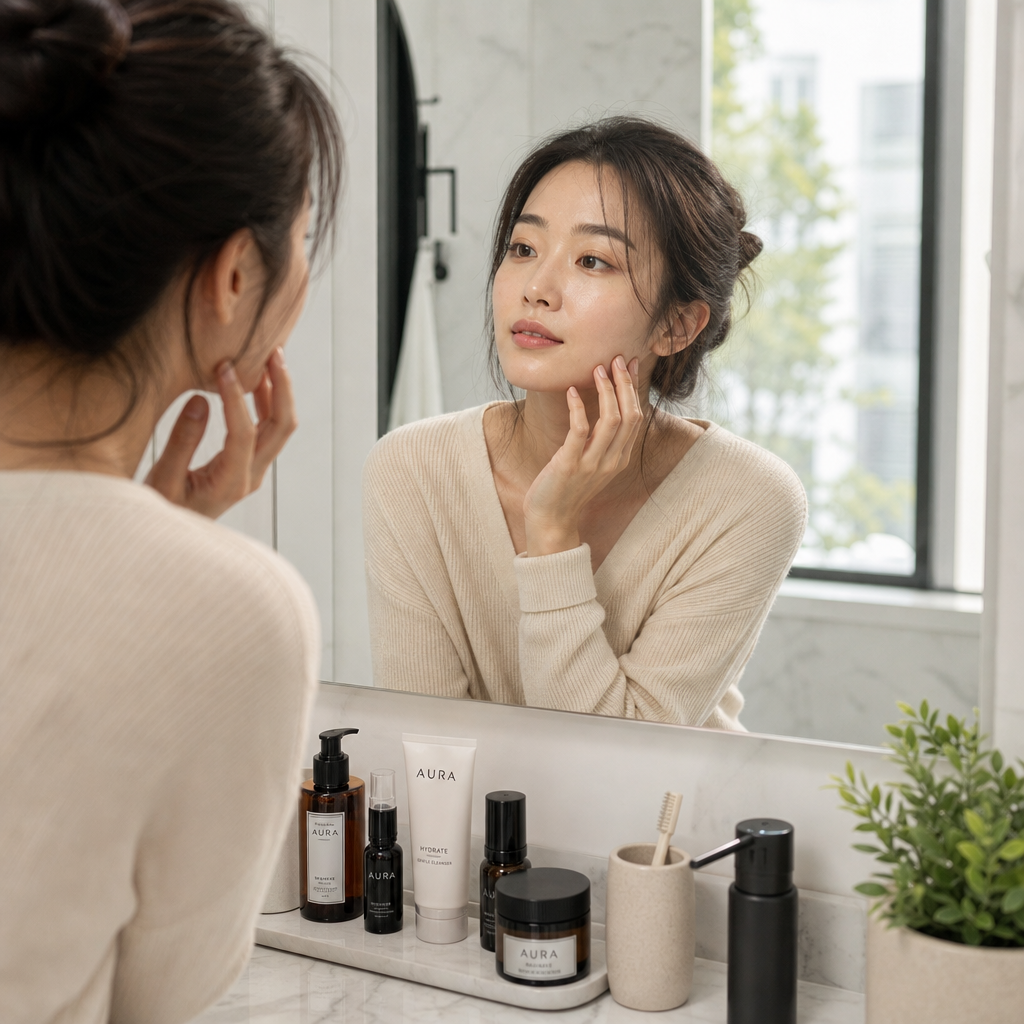 Woman examining skin in natural light — what happens to skin after 30 fine lines wrinkles sagging explained