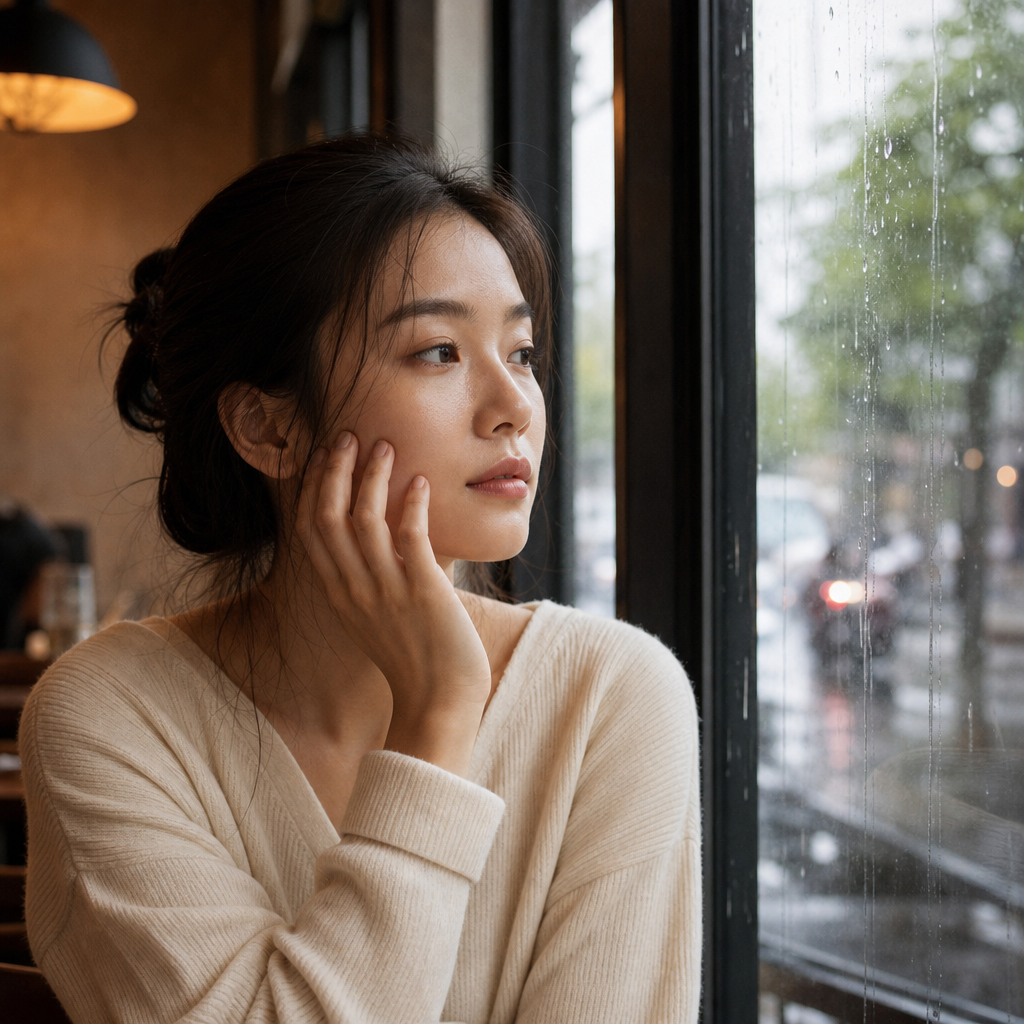 Young East Asian woman touching her cheek in a rainy Bangkok cafe, editorial skincare photography for AURA