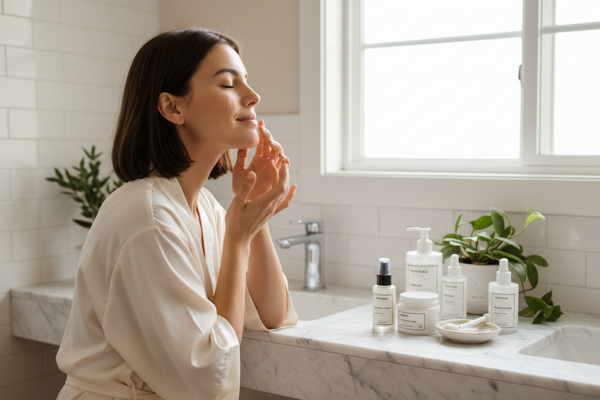Applying lightweight peptide serum — why AURA LIFT doesn't disrupt your existing skincare routine