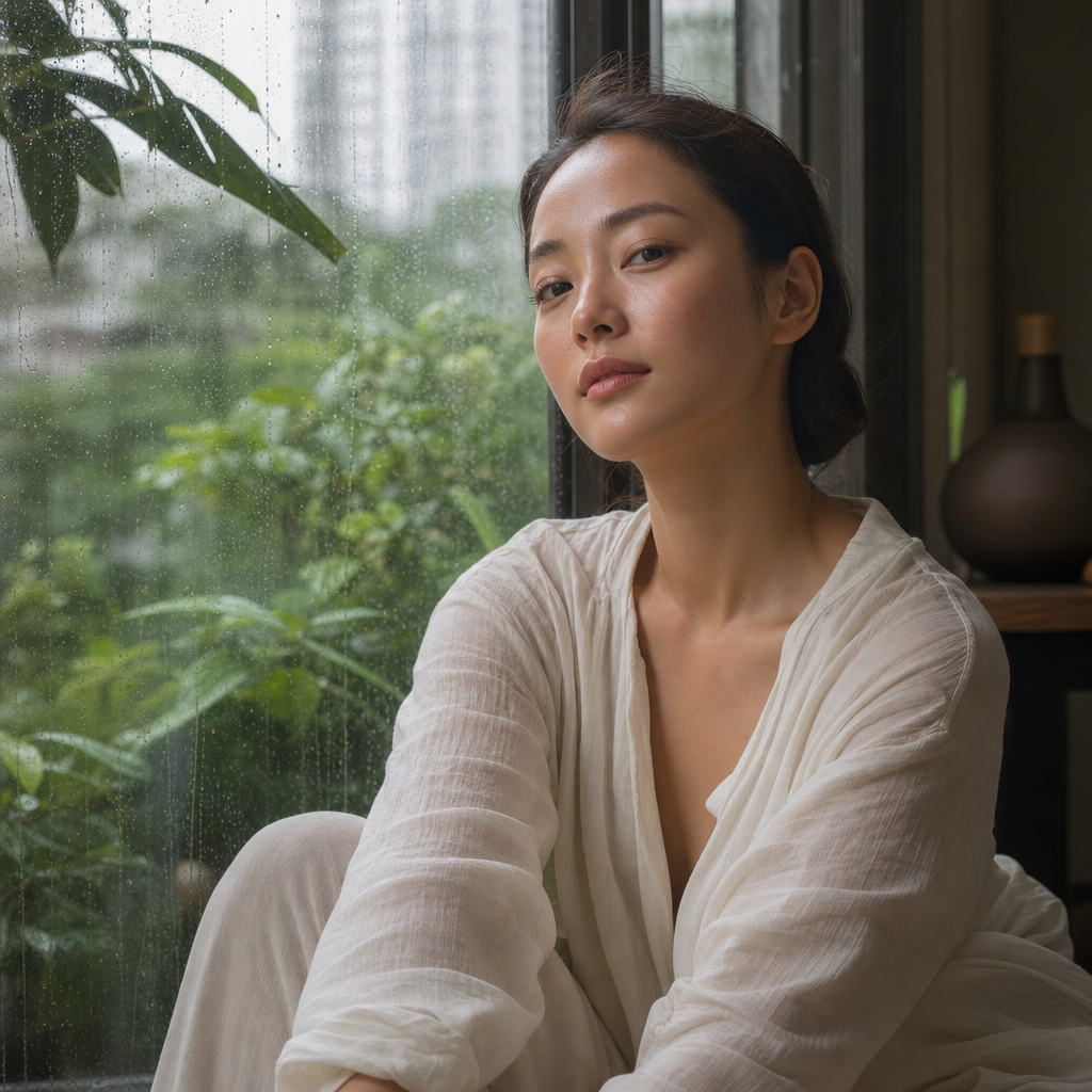 East Asian woman at rain-streaked window — structural elasticity and skin firmness in SEA climate