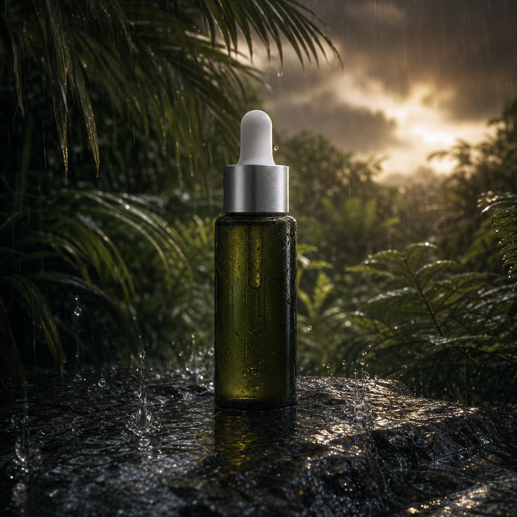 AURA All Round Serum bottle on rain-slicked tropical surface during Southeast Asian wet season