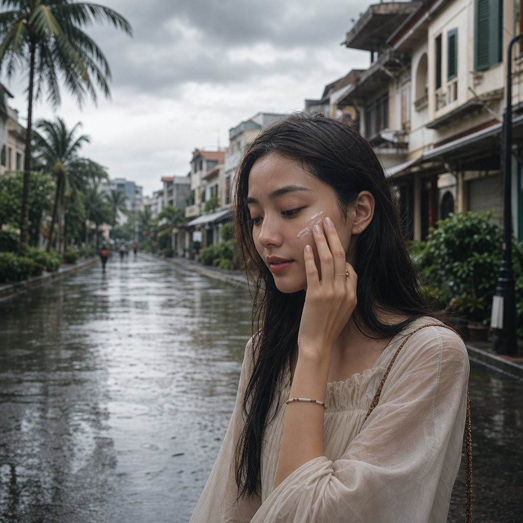 Woman applying skincare on a rainy Bangkok street — AURA monsoon skin guide