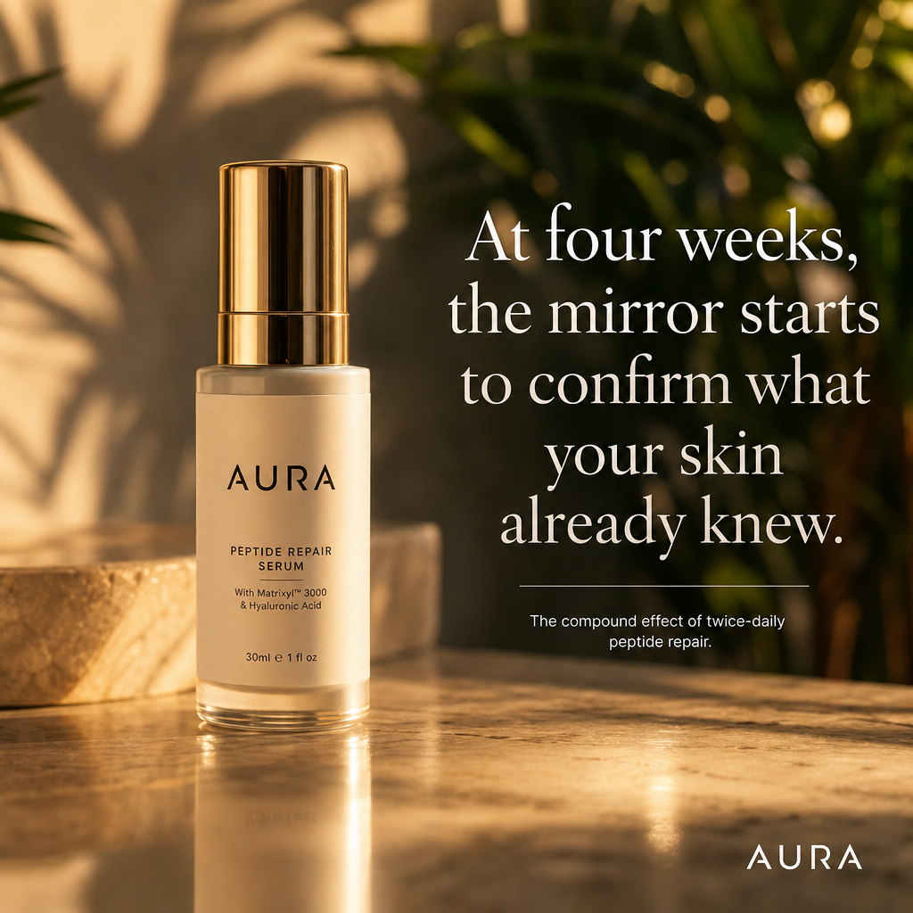 AURA All Round Serum on marble surface — 8 week results