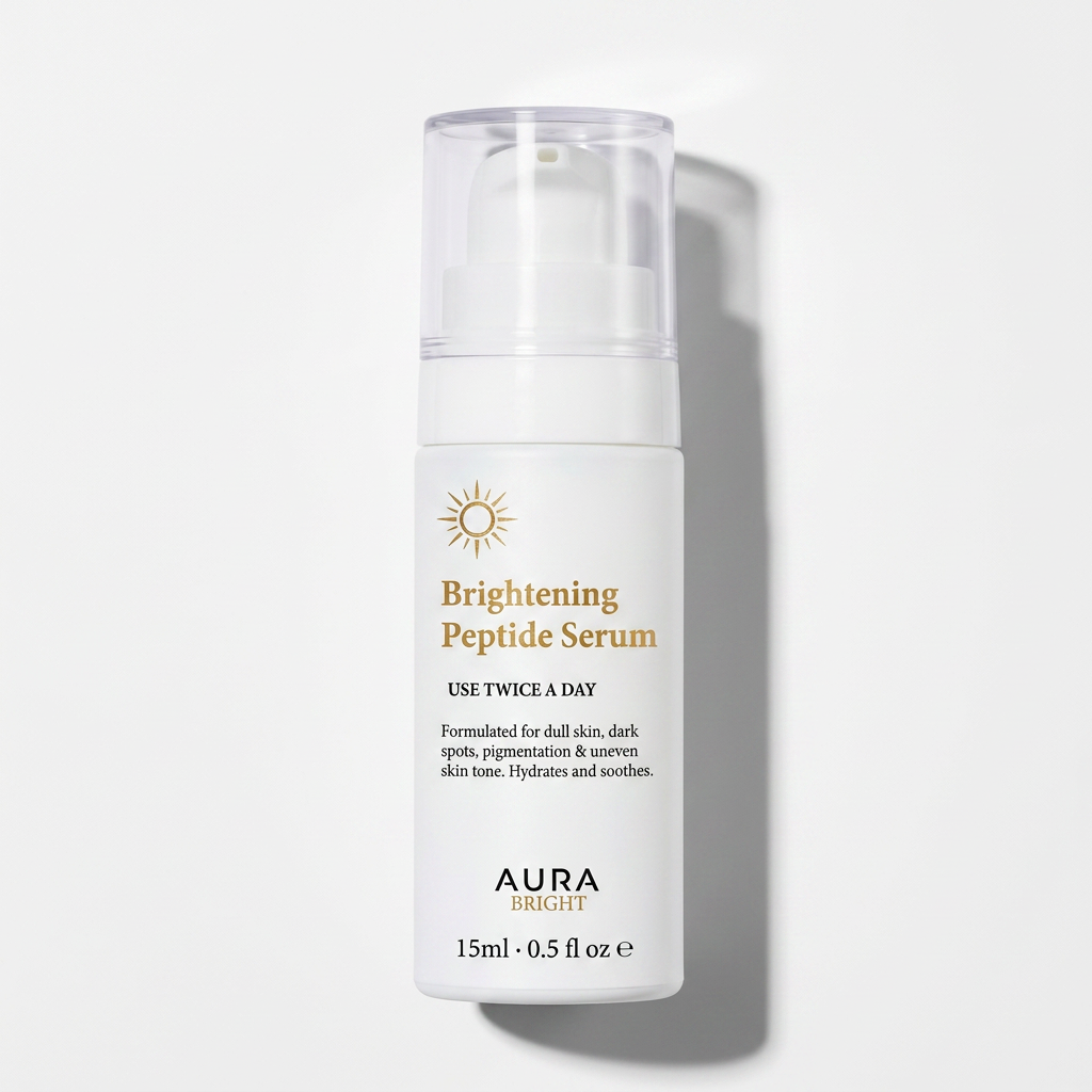 Skincare serum bottle labeled 'Brightening Peptide Serum' by Aura on a light gray background