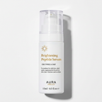 Skincare serum bottle labeled 'Brightening Peptide Serum' by Aura on a light gray background
